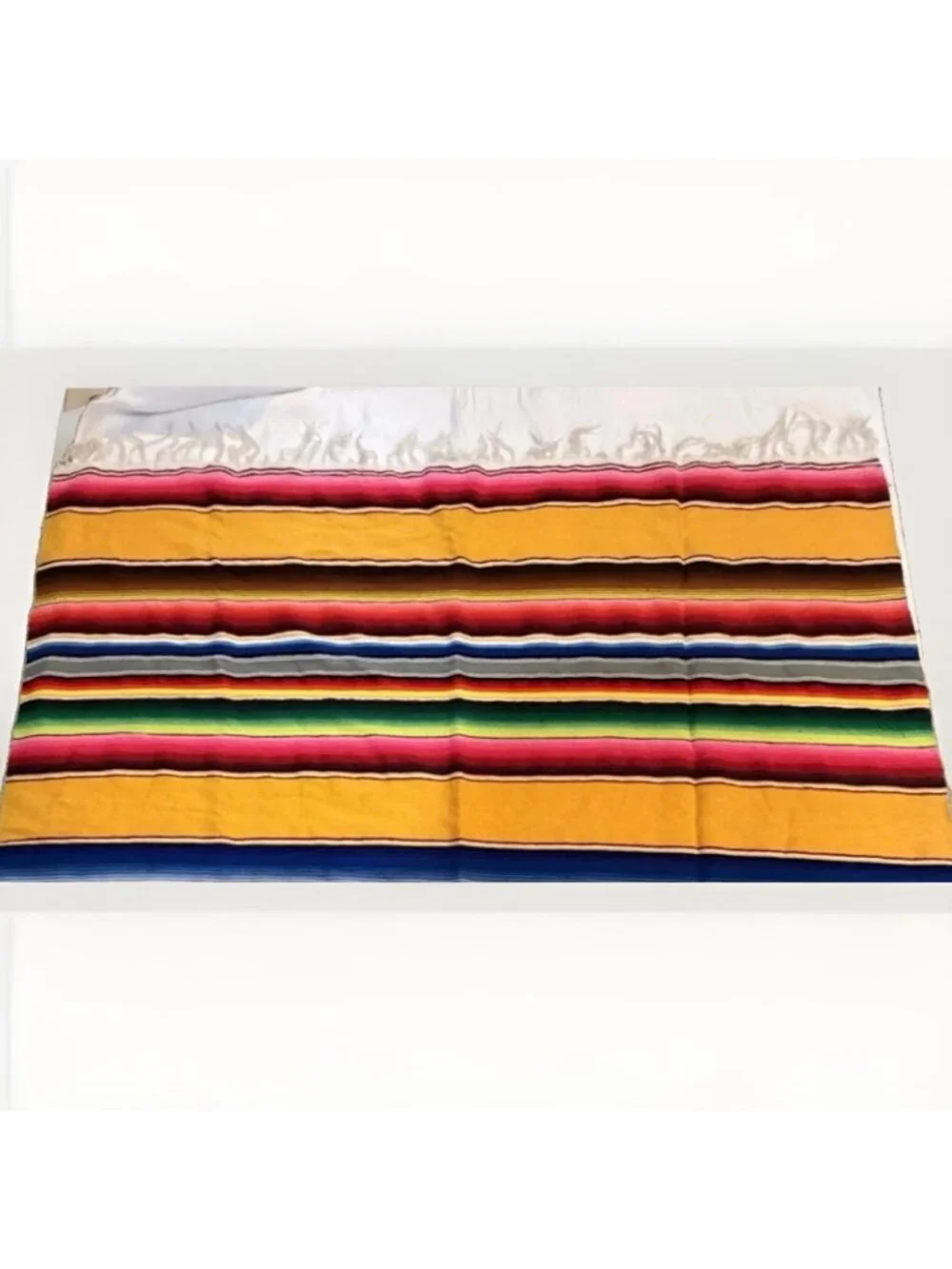 Vintage 80s Yellow Mexican Serape Blanket Colorful Stripes Boho  Fringe 82